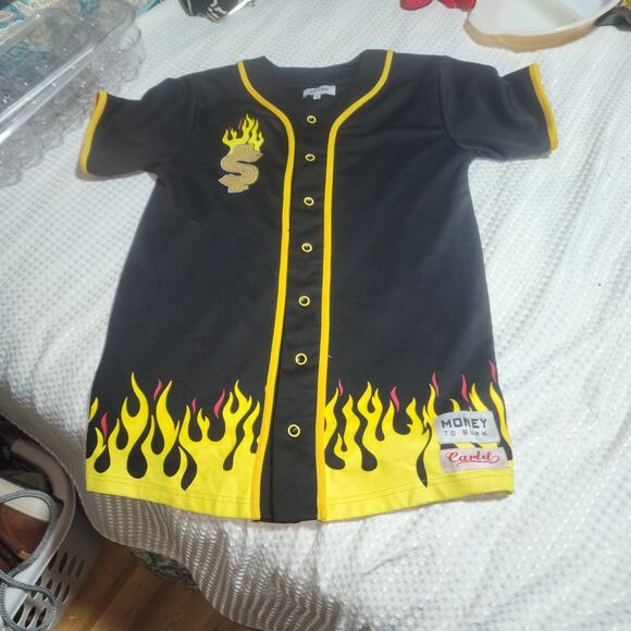 RS1INE EUC SZ LARGE CARTEL MONEY TO BURN FLAME SIMPSONS JERSEY SHIRT